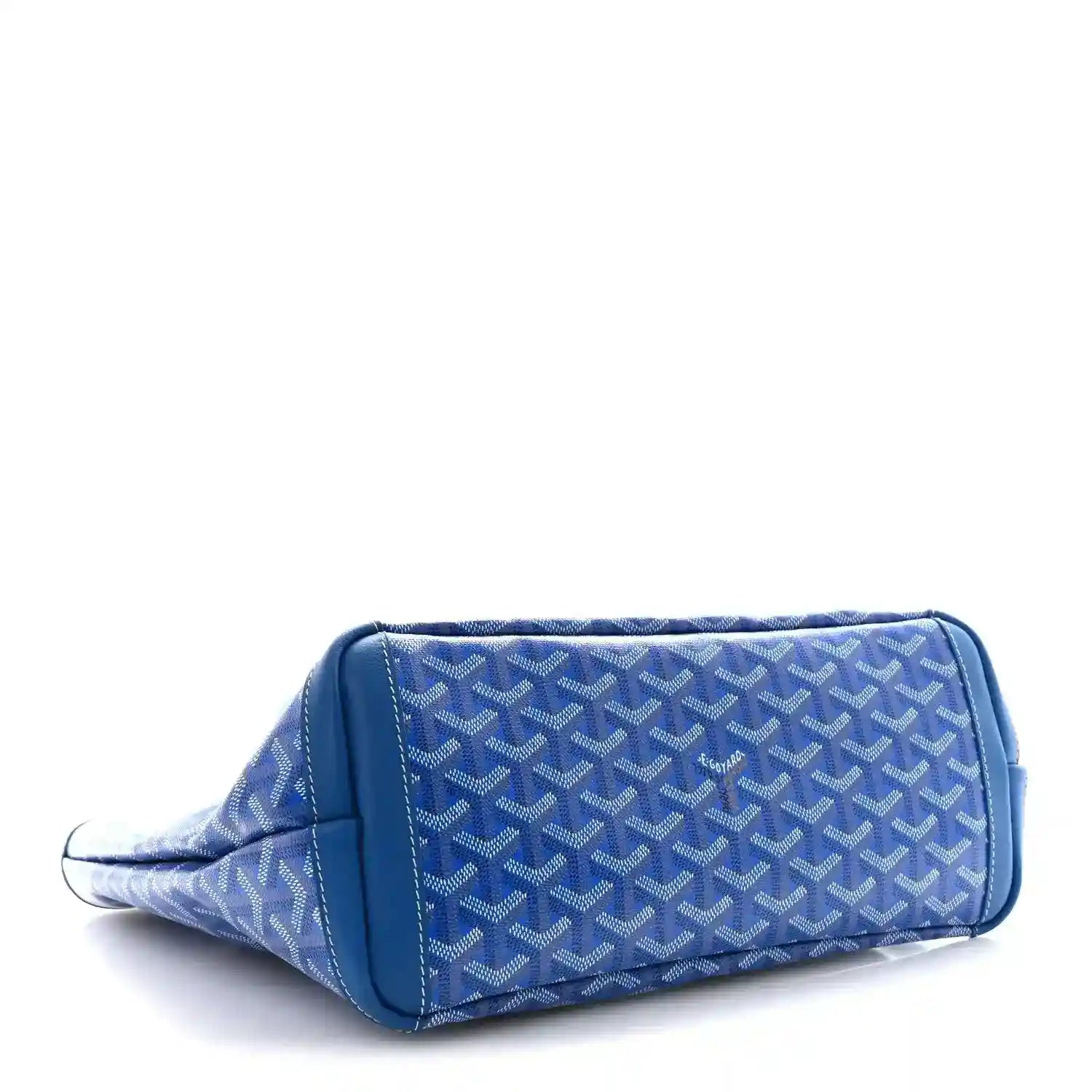 Sky blue patterned small tote bag with sturdy sides and top edge piping