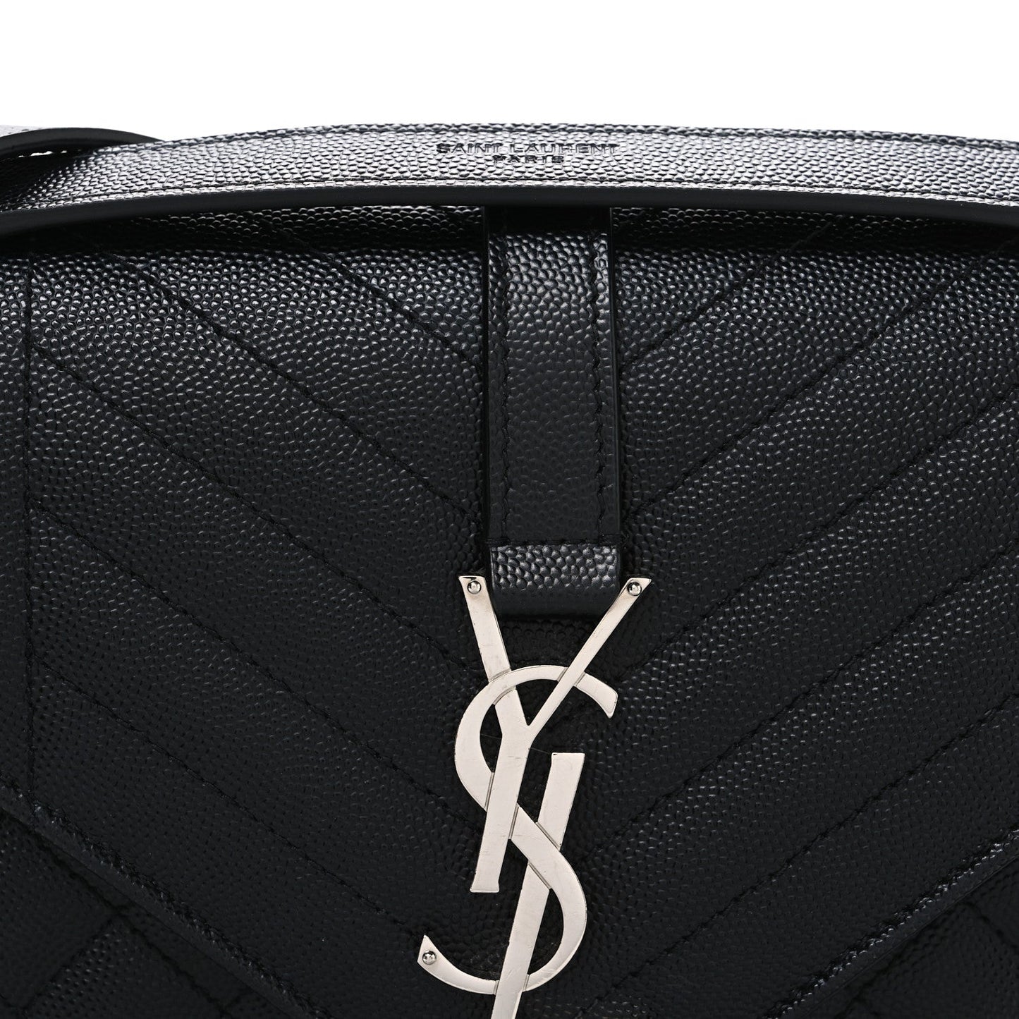 Black quilted leather satchel front with YSL monogram clasp and centered flap
