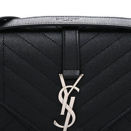 Black quilted leather satchel front with YSL monogram clasp and centered flap