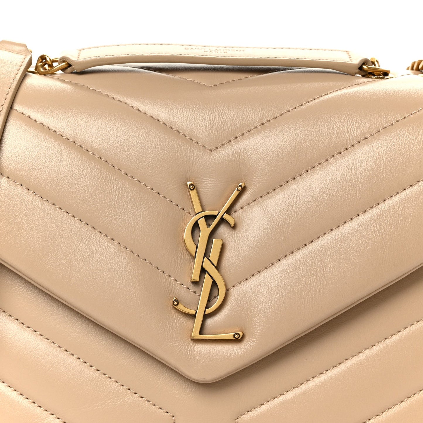 Dark beige quilted calfskin small satchel with gold YSL monogram front flap