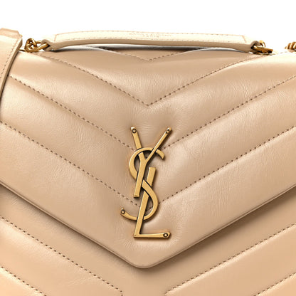 Dark beige quilted calfskin small satchel with gold YSL monogram front flap