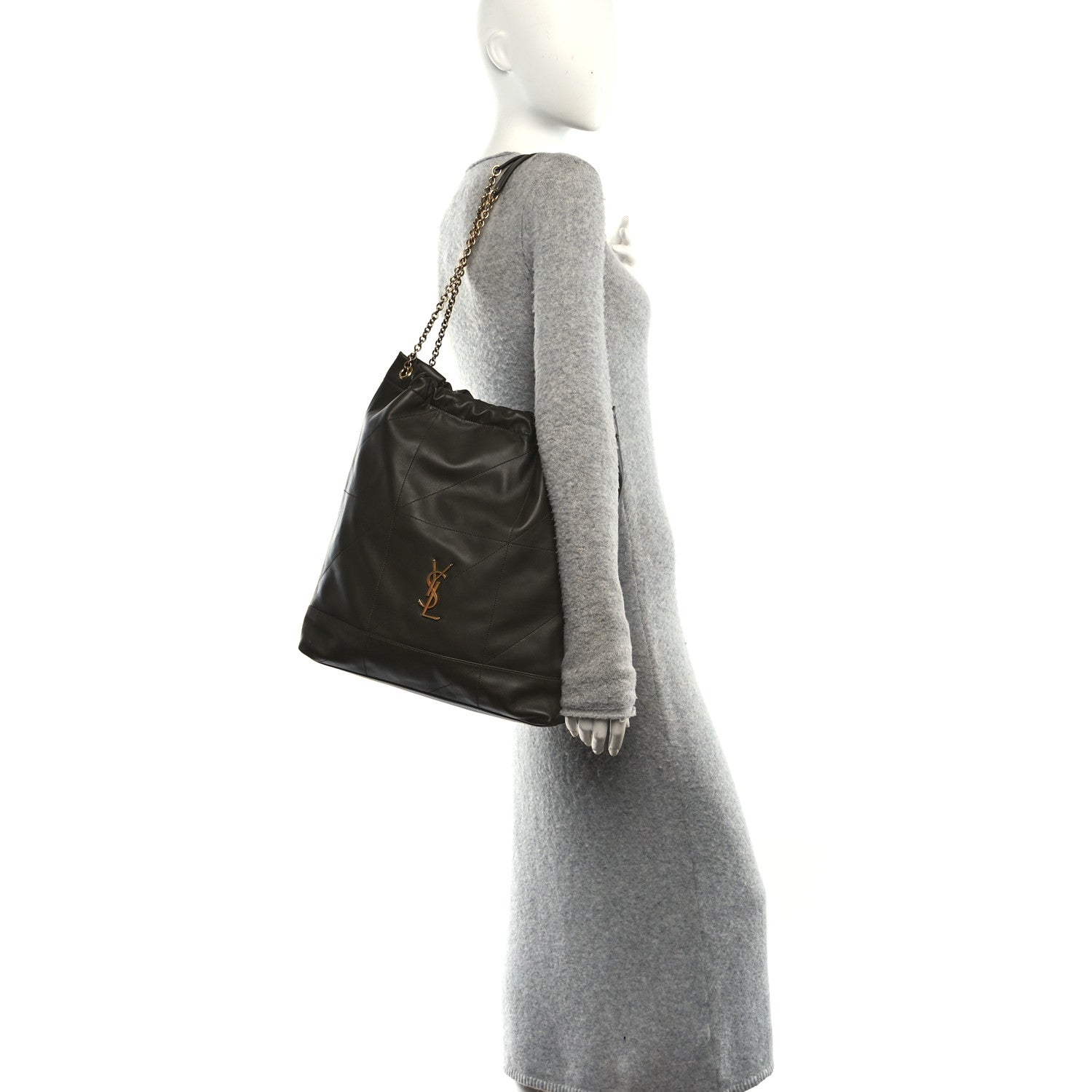 Dark leather matelasse shoulder bag with YSL monogram and chain strap