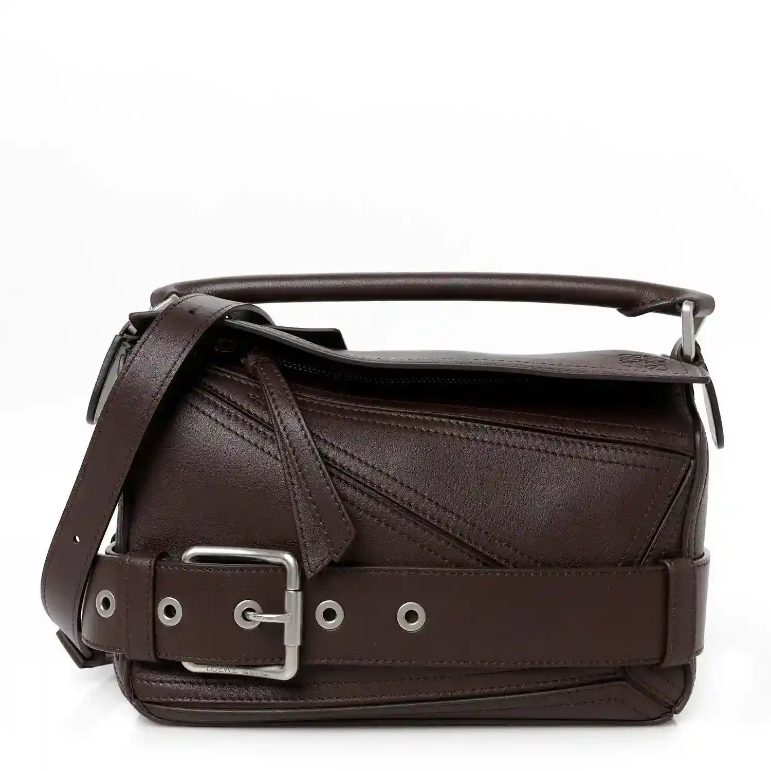 Small leather biker bag in dark brown with top handle and shoulder strap