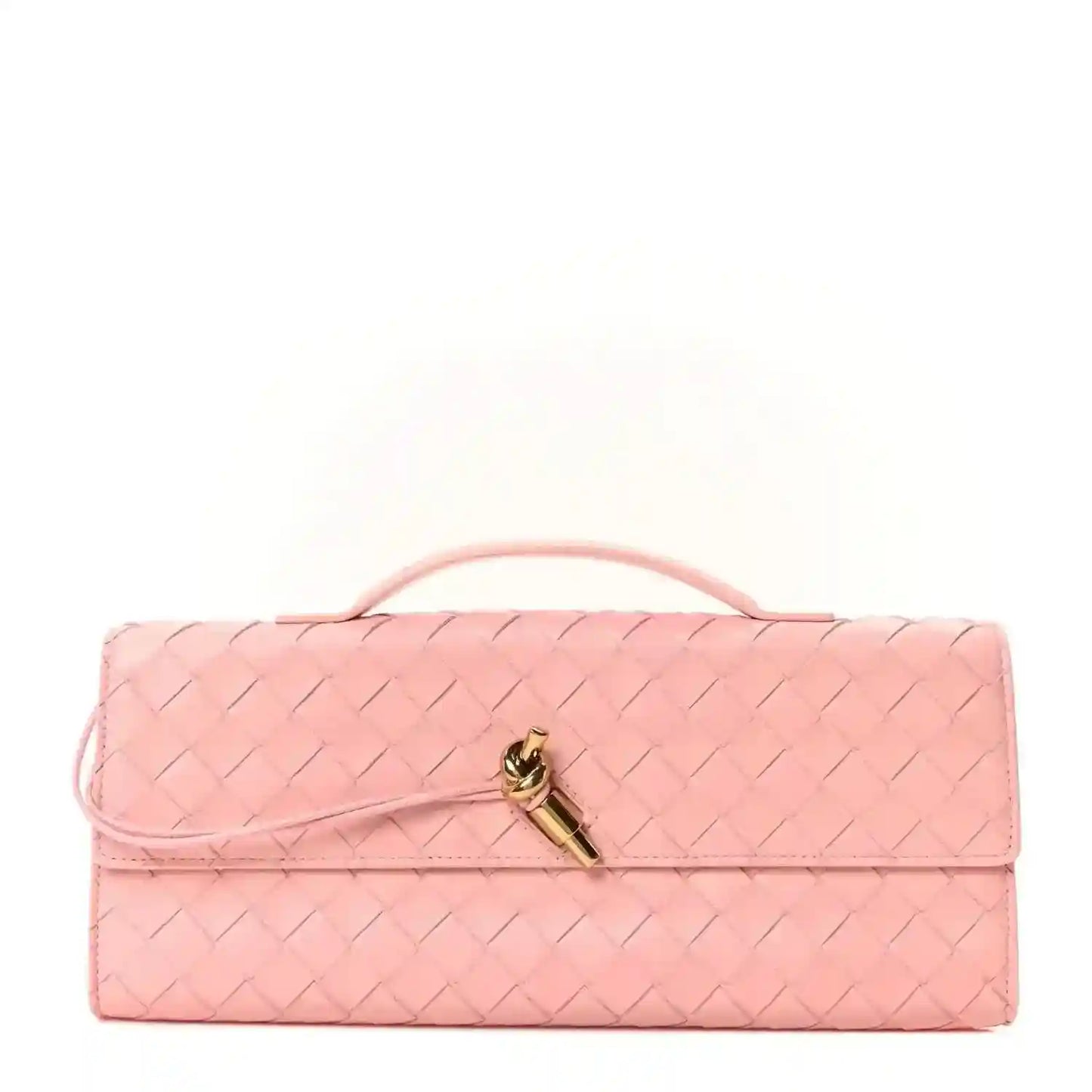 Rose pink woven nappa leather clutch with top handle and gold clasp