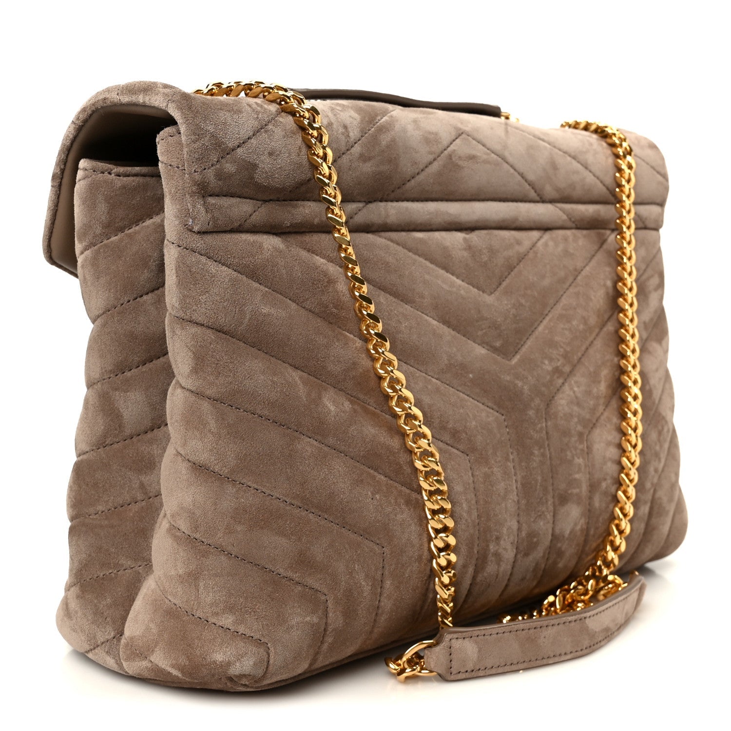 Taupe suede quilted satchel with flap and gold chain strap