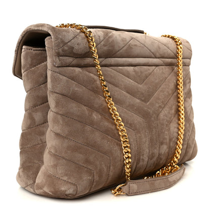 Taupe suede quilted satchel with flap and gold chain strap