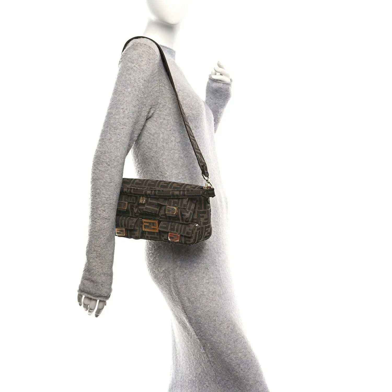 Tobacco brown jacquard baguette bag with crossbody strap, FF pattern, and flap