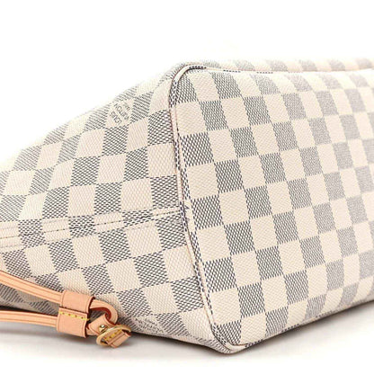 Louis Vuitton Damier Azur checkered tote bag corner with pink leather zipper trim