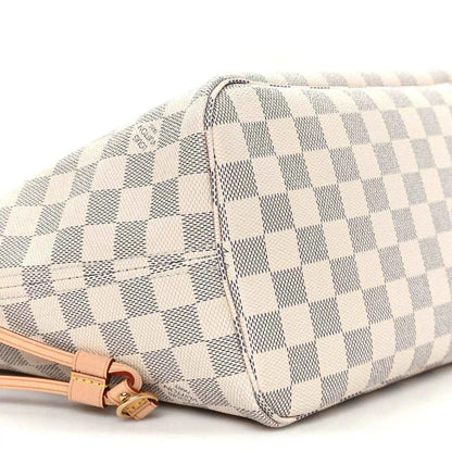 Louis Vuitton Damier Azur checkered tote bag corner with pink leather zipper trim
