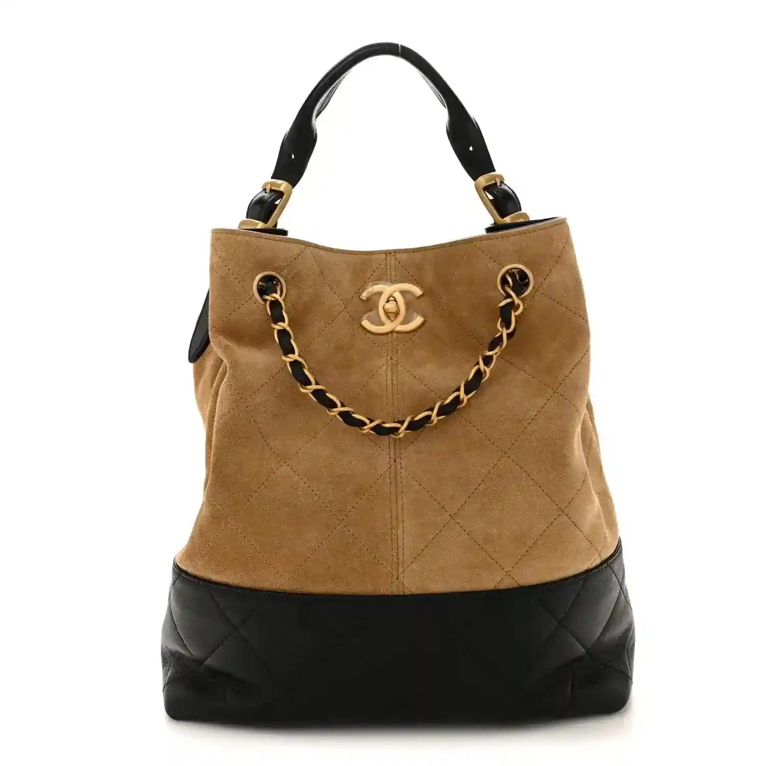 Chanel quilted suede shopping bag in beige with black bottom, chain handles, CC logo