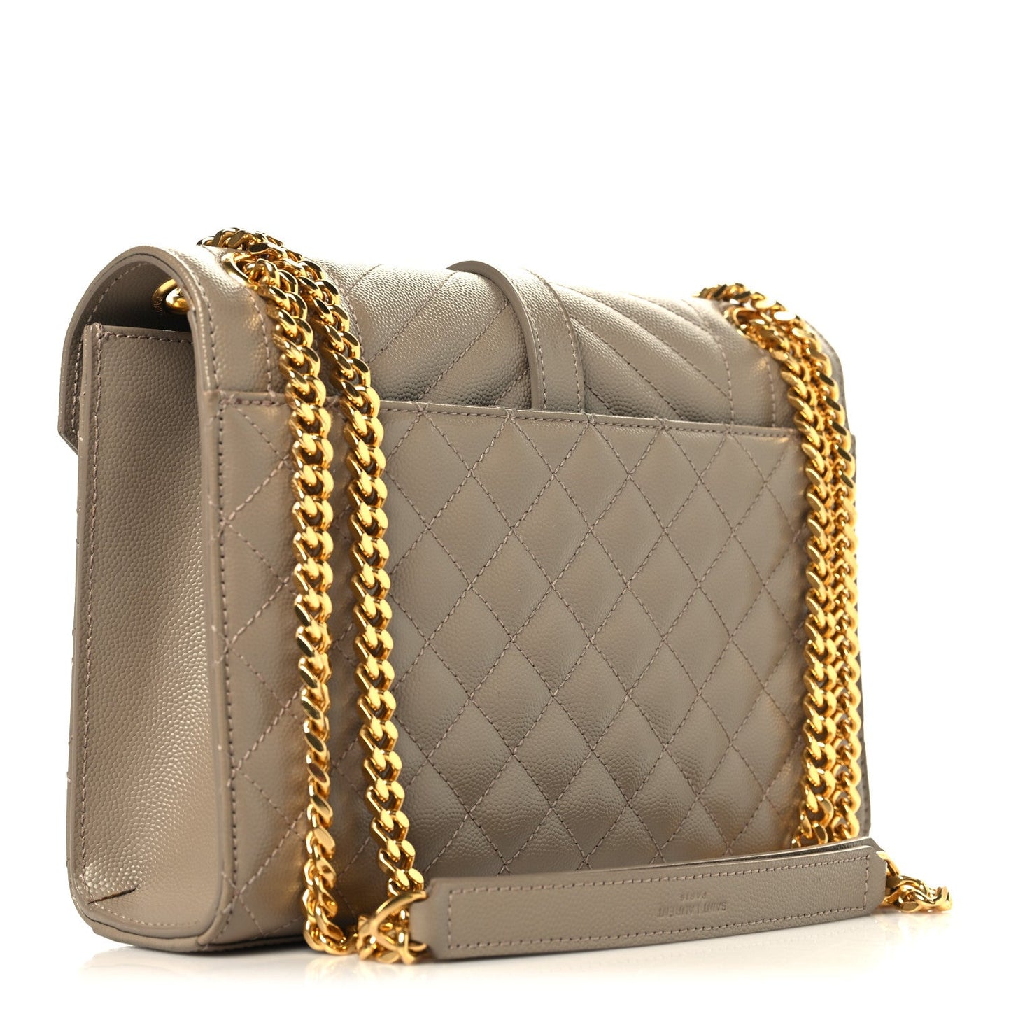 Dusty grey quilted satchel with gold chain strap and front flap clasp