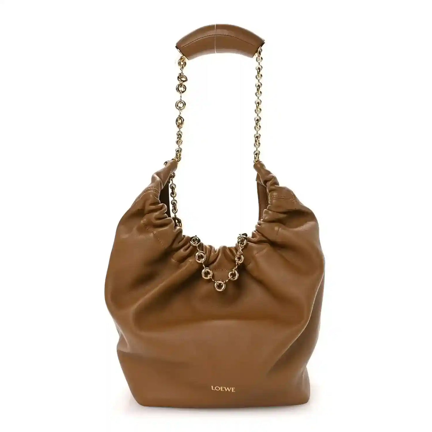 Loewe nappa small squeeze bag in oak-brown leather with chain-link handles