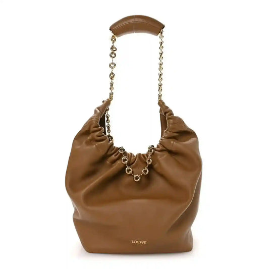 Loewe nappa small squeeze bag in oak-brown leather with chain-link handles