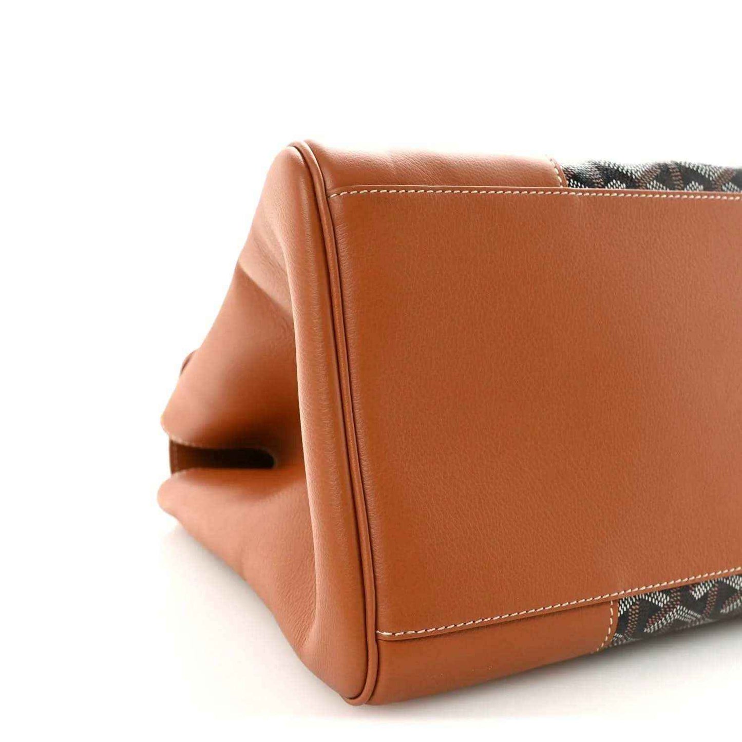 Goyard Saigon tote handbag close-up of side panel with tan leather corners and stitching