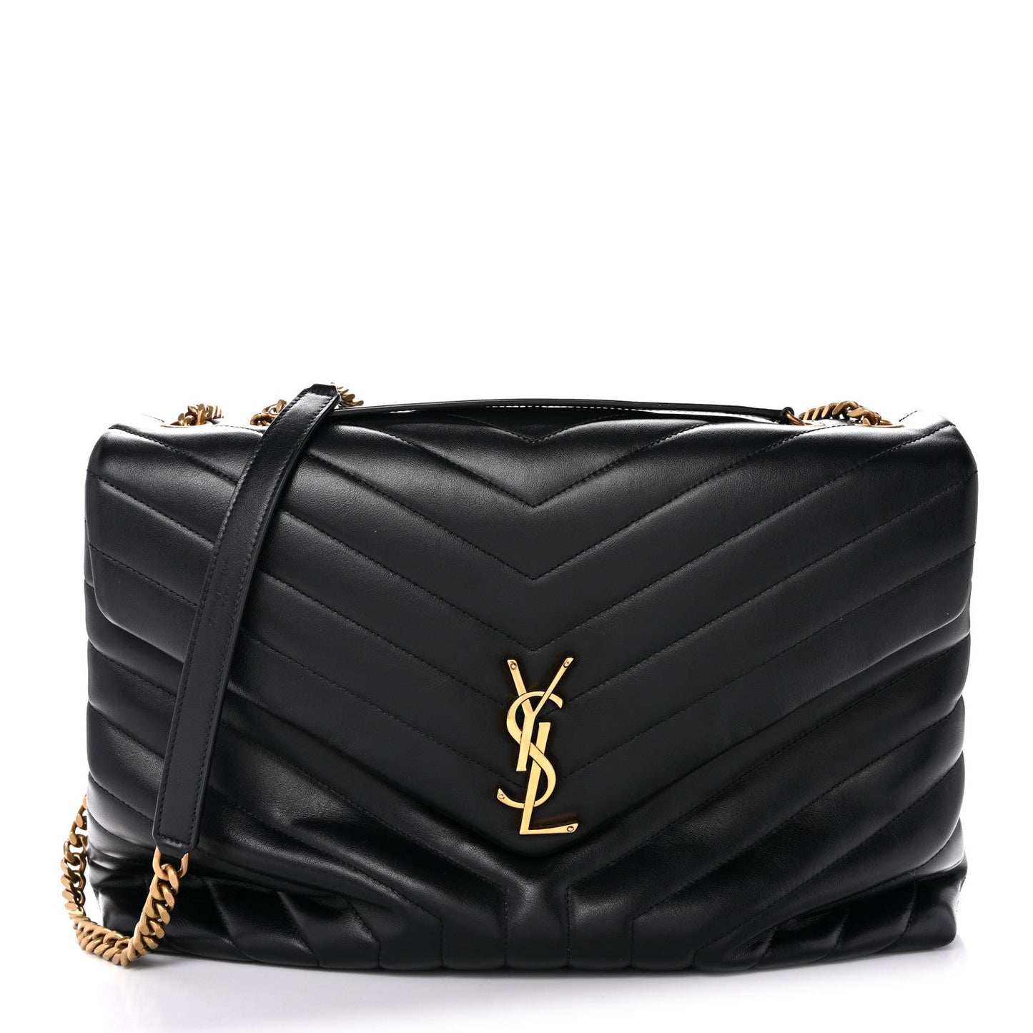 Black quilted calfskin satchel with YSL logo and gold chain strap