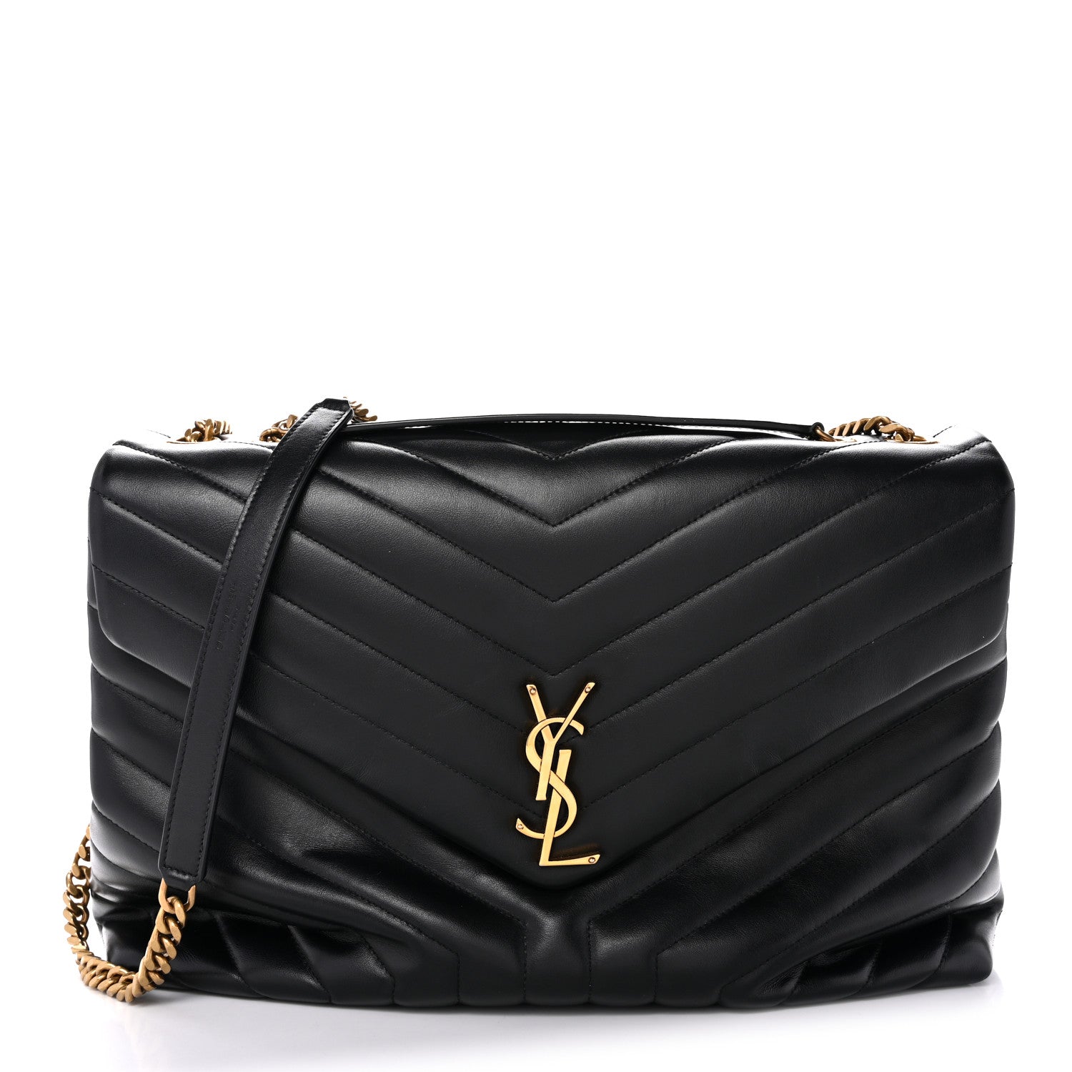 Black quilted calfskin satchel with YSL logo and gold chain strap