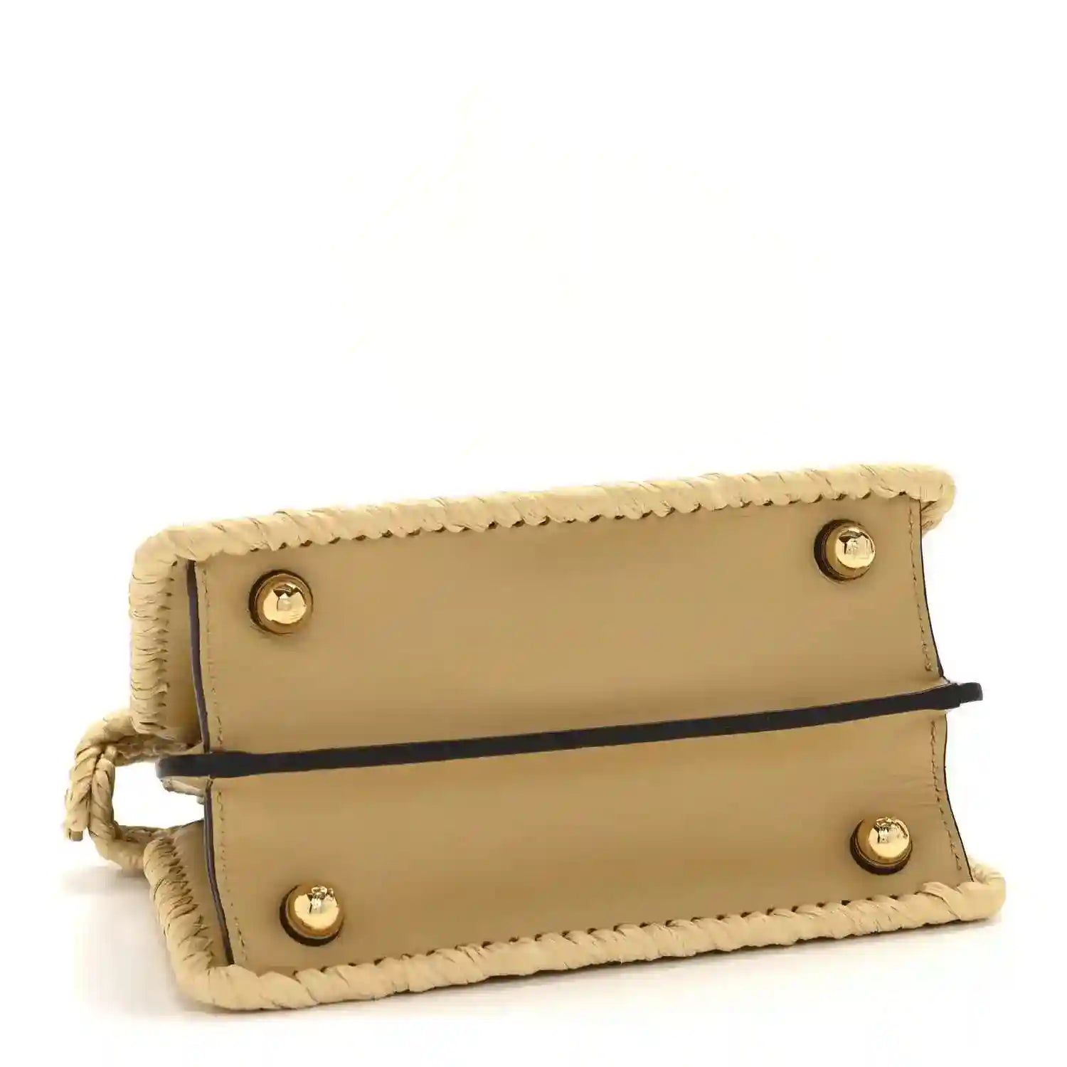 Petite raffia satchel bag with tan leather top and two front snap buttons.