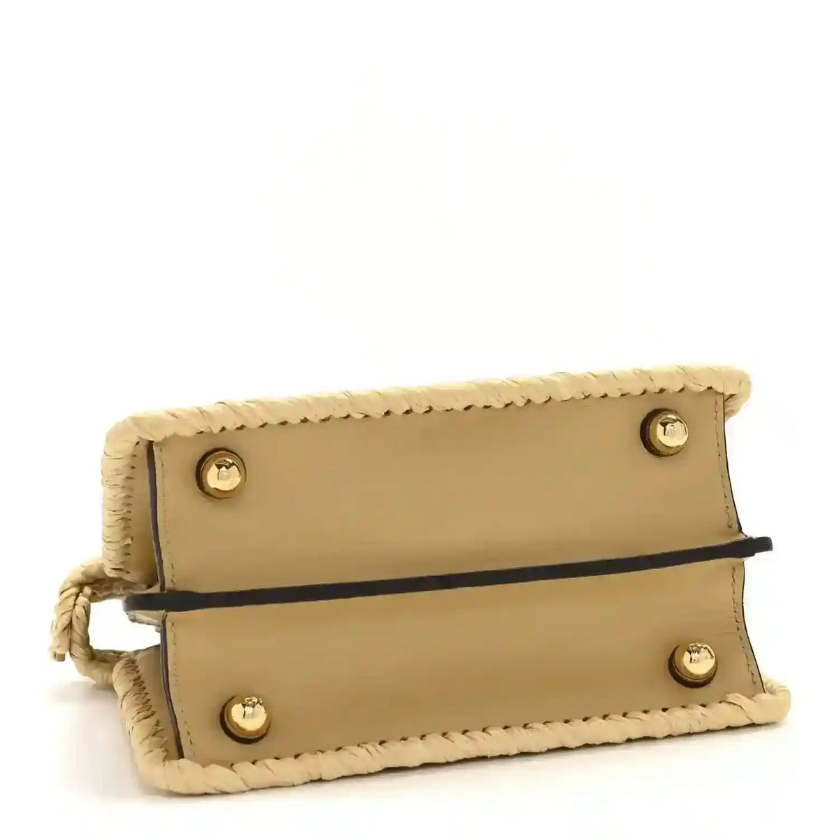 Petite raffia satchel bag with tan leather top and two front snap buttons.