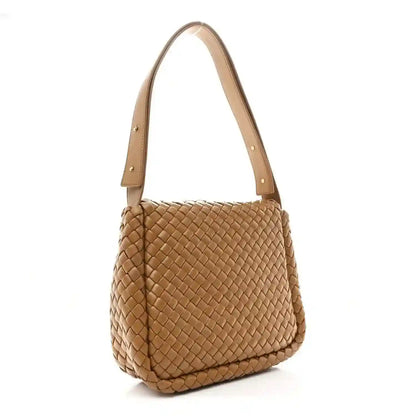 Caramel woven leather shoulder bag, small padded cobble intreccio weave and top handles