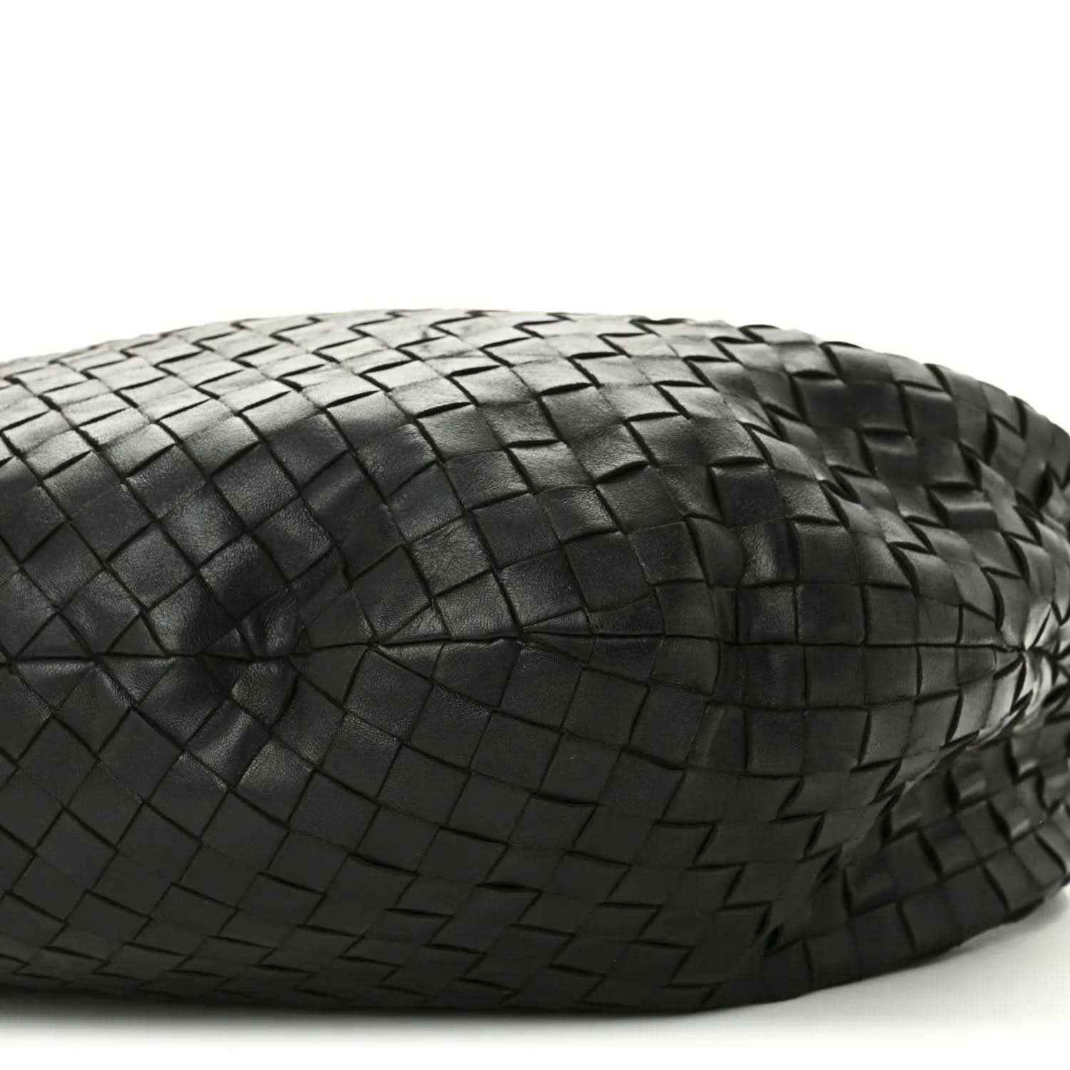 Black woven leather shoulder bag underside with Intrecciato weave