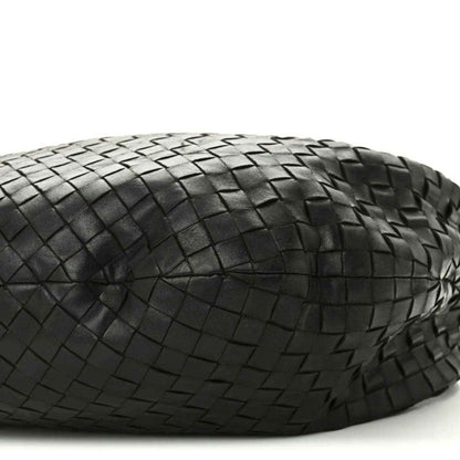 Black woven leather shoulder bag underside with Intrecciato weave