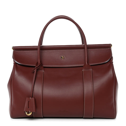 Loro Piana calfskin loom bag in dark brown with top handles and front snap flap