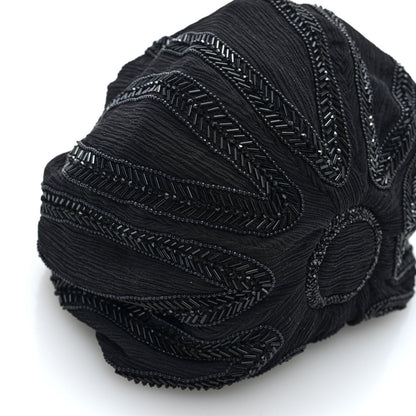 Black beaded side panel pochon bag with textured pleats and broderie detail