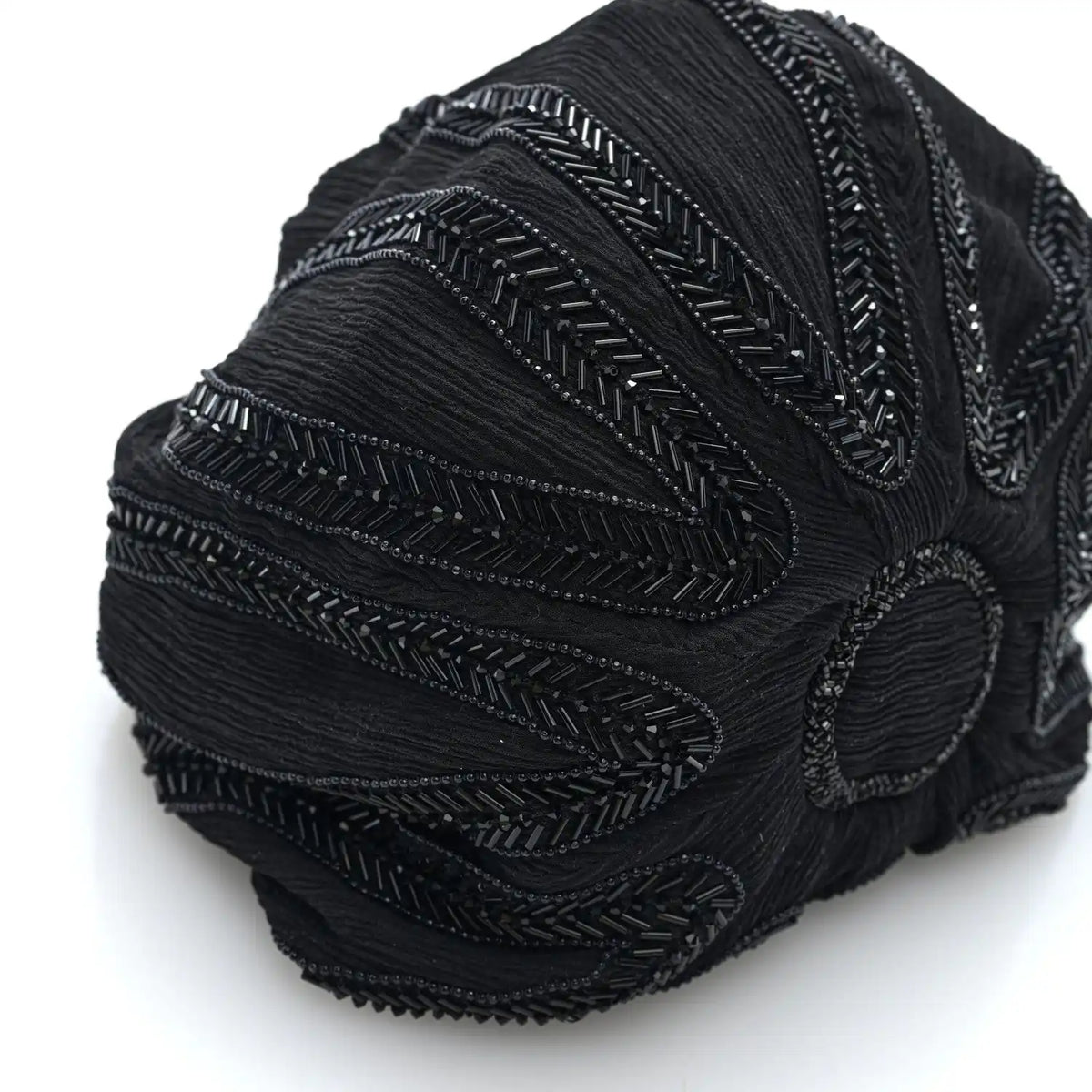Black beaded side panel pochon bag with textured pleats and broderie detail