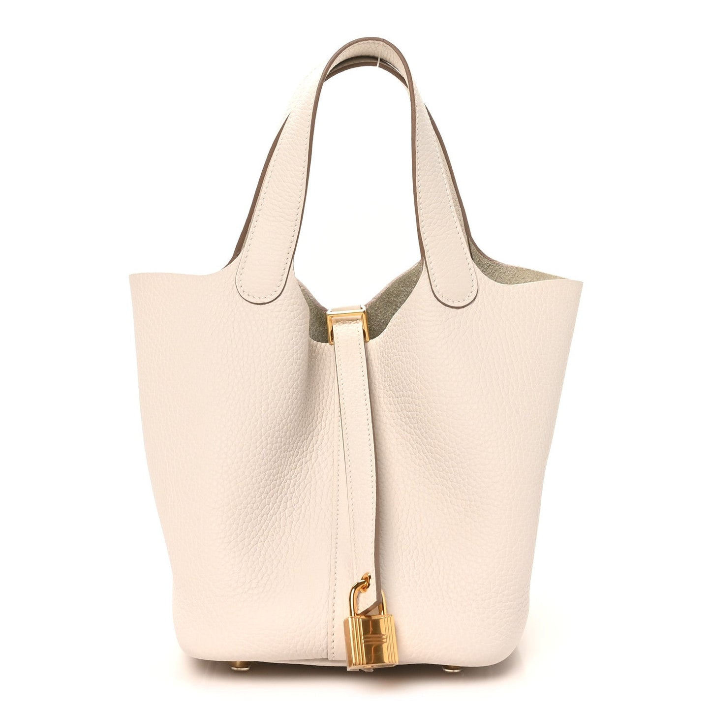 Picotin-style tote bag in pale cream textured leather with gold front clasp
