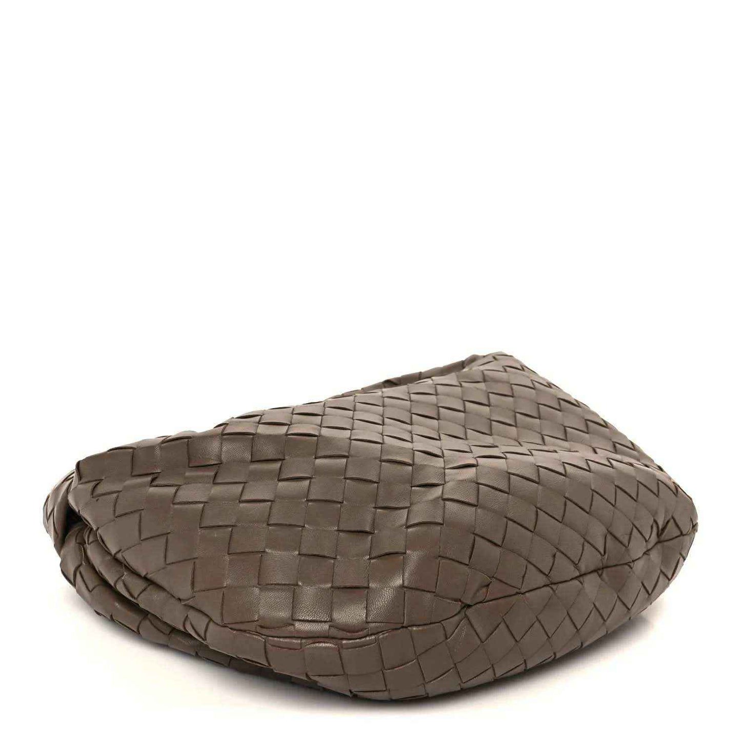 Taupe woven leather hobo bag with braided Intrecciato weave, angled view