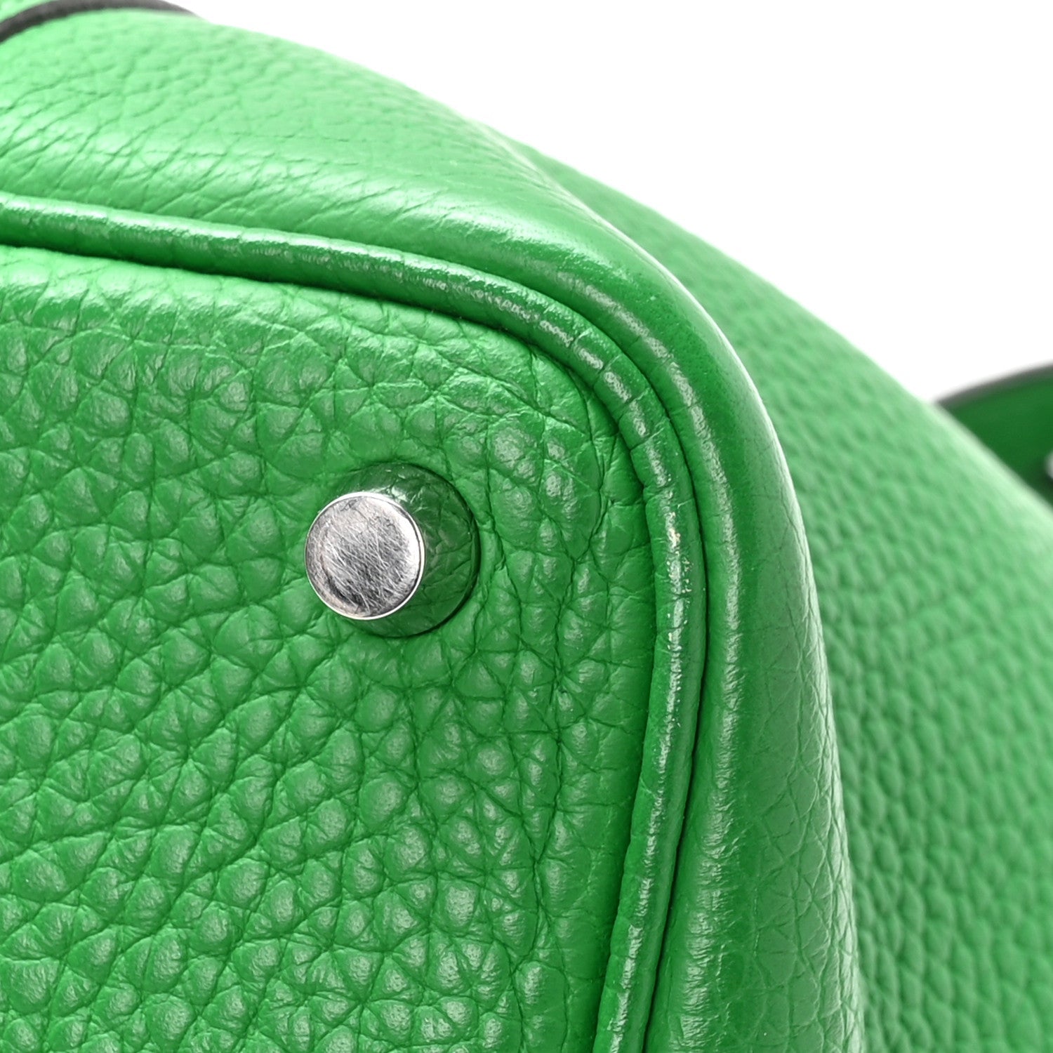 Green leather tote bag pebbled texture with round snap stud hardware