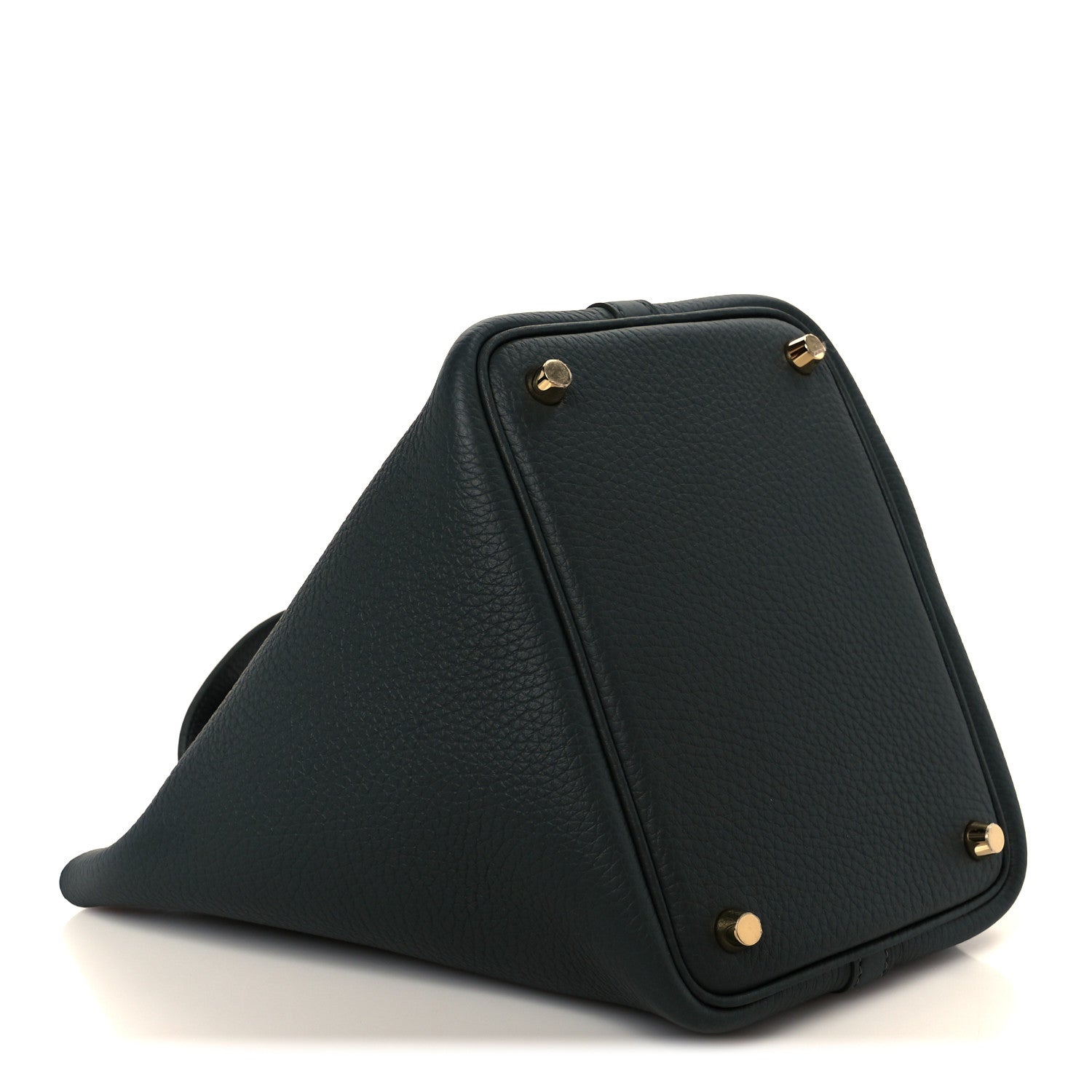 Dark green leather tote bag with gold-tone corner studs and front seam