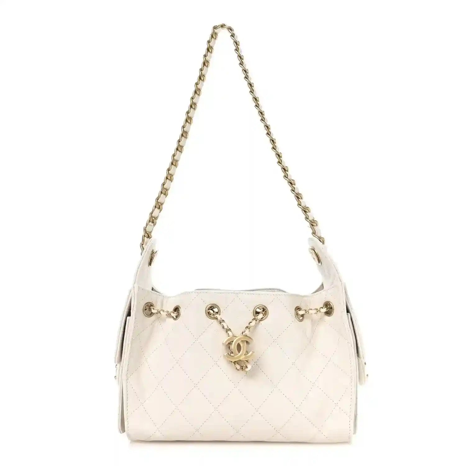 Quilted mini handbag in white with gold chain strap and CC clasp.