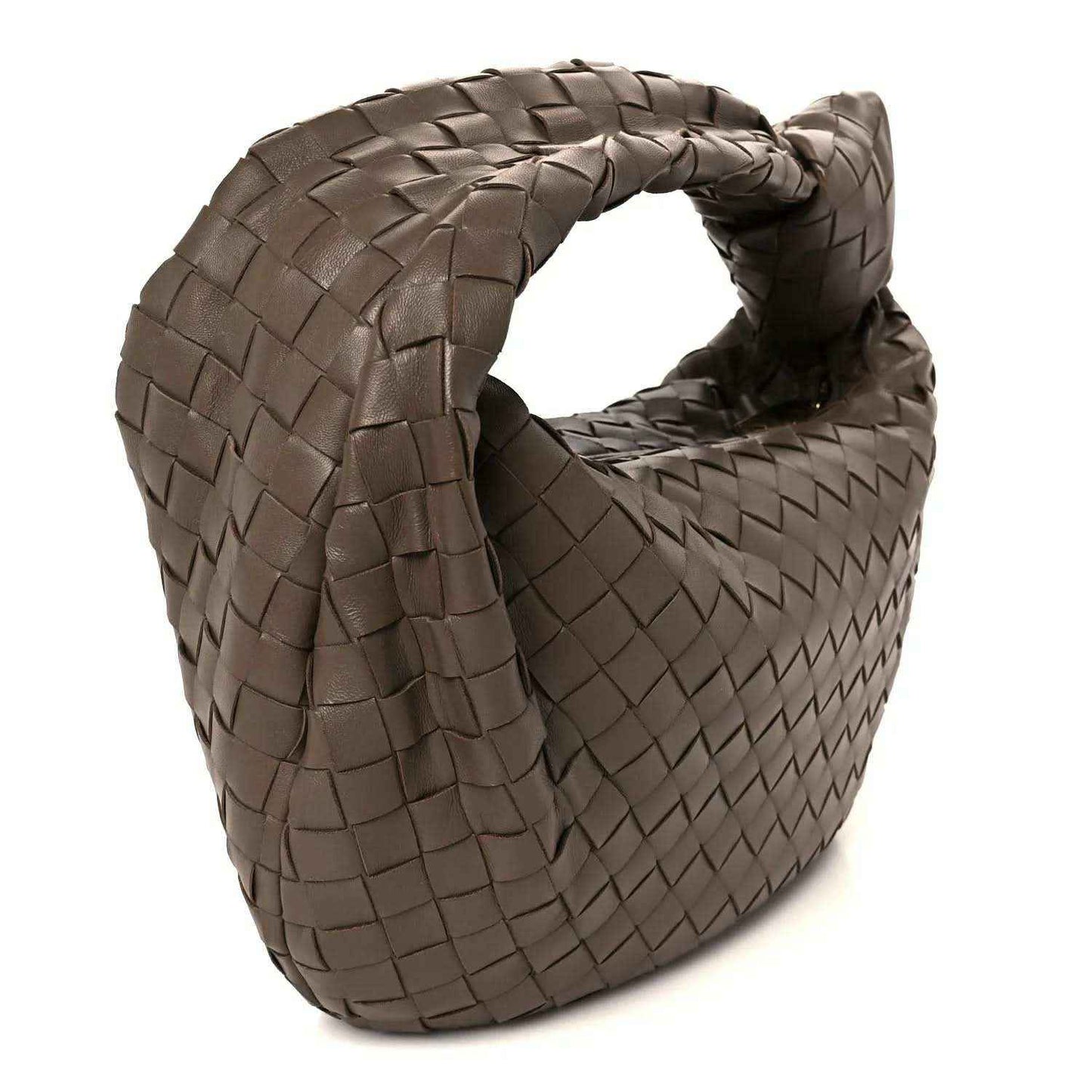Taupe woven leather hobo bag with Intrecciato braid and rounded open top