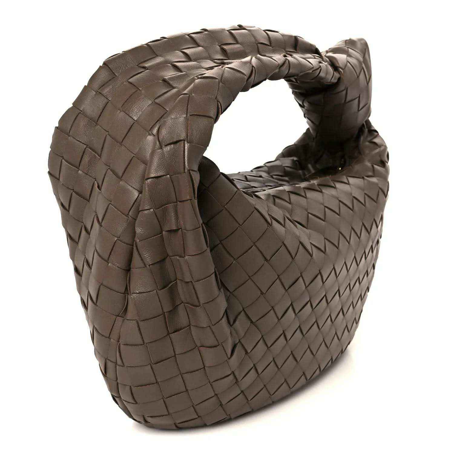Taupe woven leather hobo bag with Intrecciato braid and rounded open top
