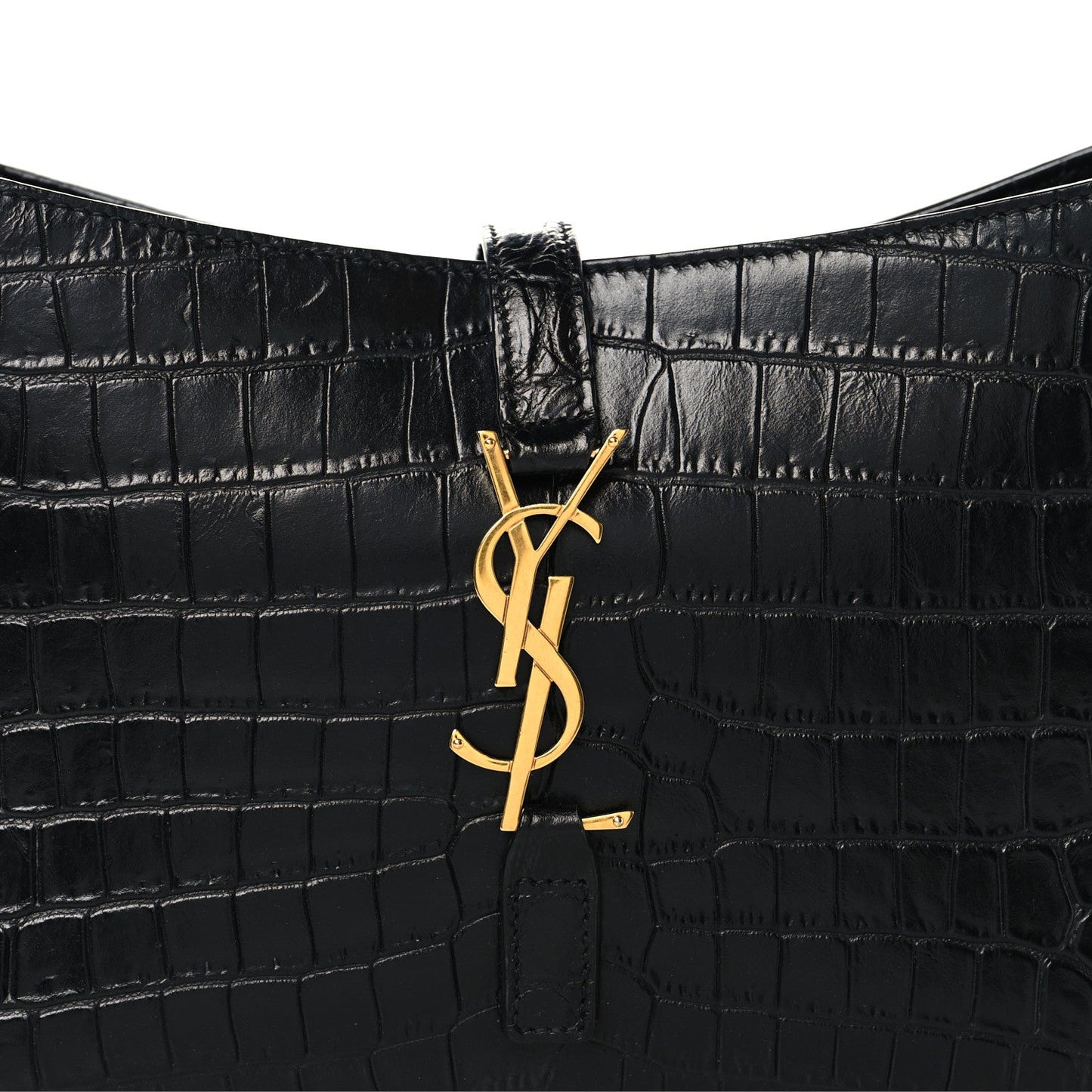 Black crocodile-embossed hobo shoulder bag with gold YSL logo closure
