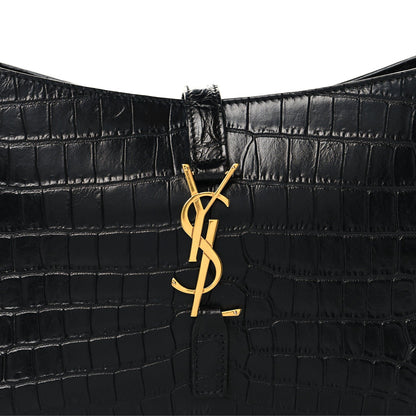 Black crocodile-embossed hobo shoulder bag with gold YSL logo closure