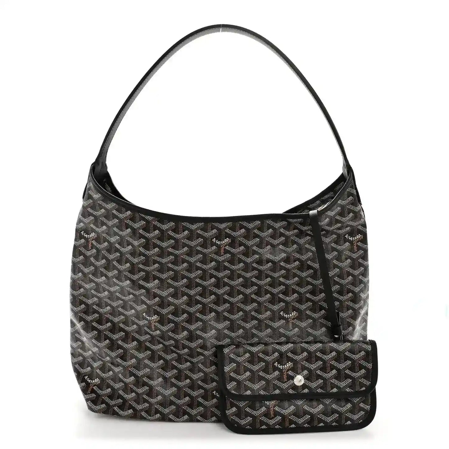 Goyard hobo bag with black coated canvas, front logo pattern panel, and small zip pouch