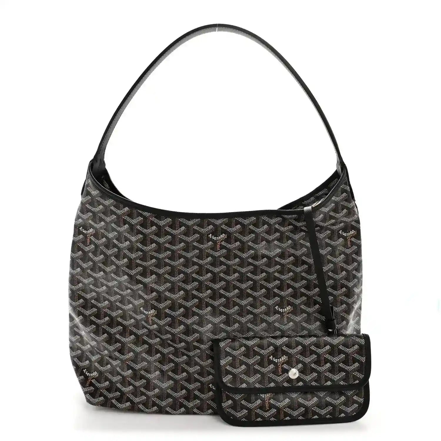 Goyard hobo bag with black coated canvas, front logo pattern panel, and small zip pouch