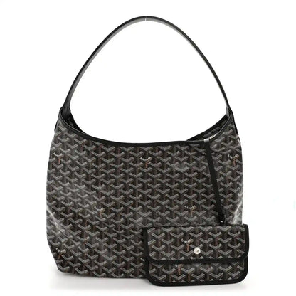 Goyard hobo bag with black coated canvas, front logo pattern panel, and small zip pouch