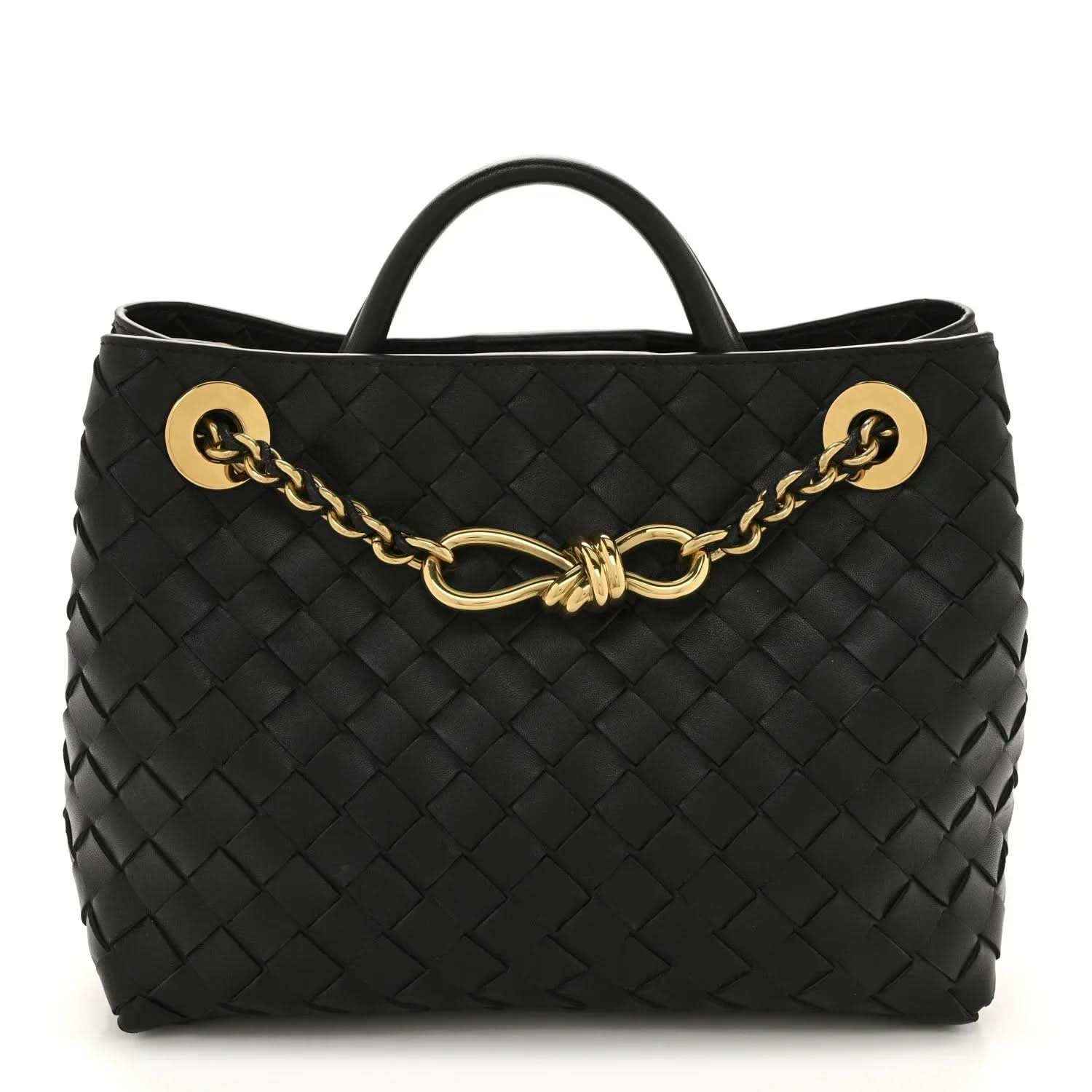 Black woven leather chain shoulder bag with top handle and gold-tone clasp hardware