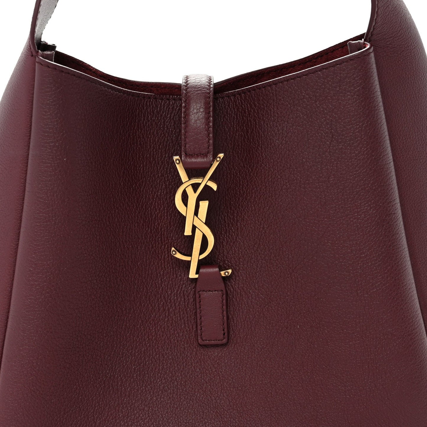 Smooth burgundy hobo bag front with gold YSL logo and leather pull tab