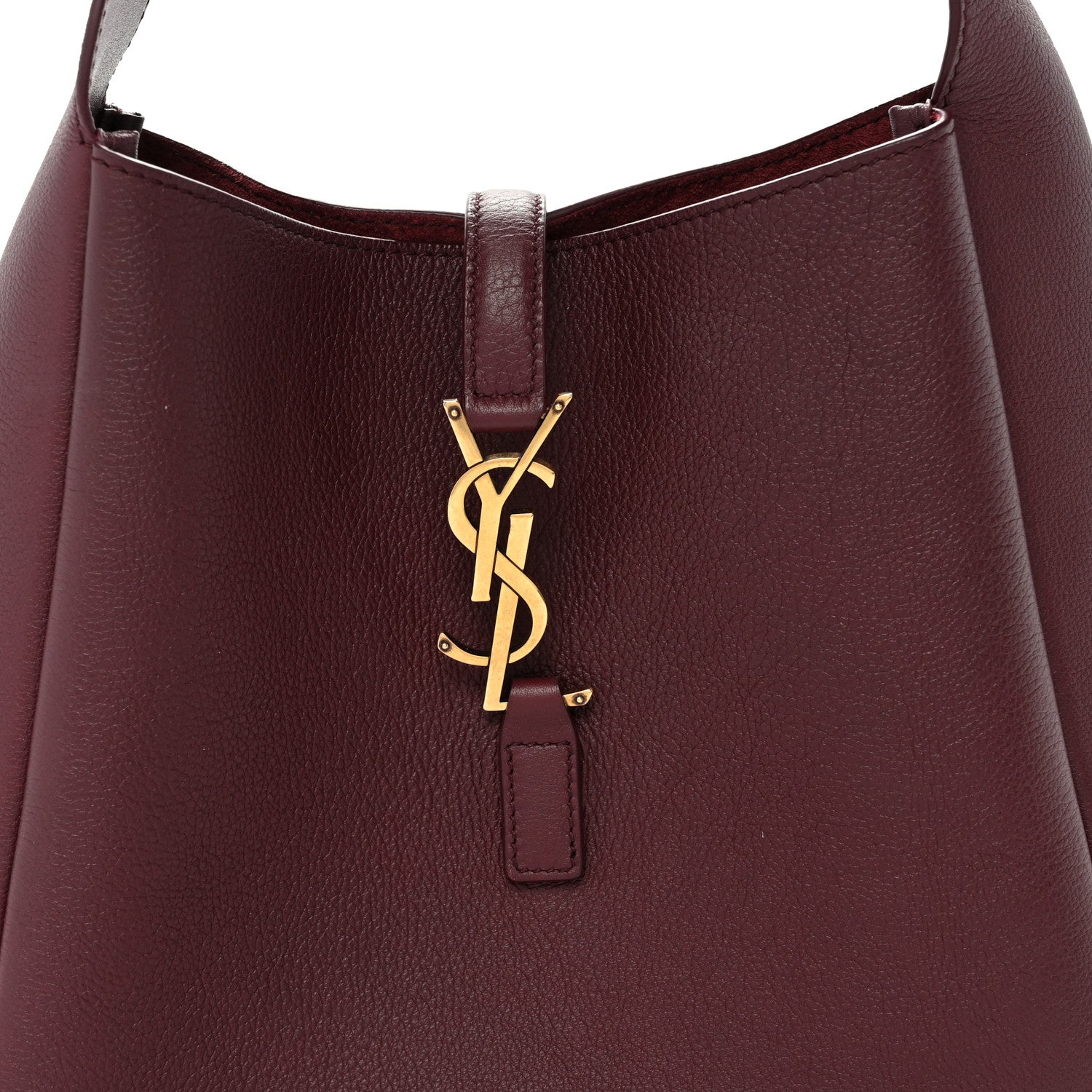Smooth burgundy hobo bag front with gold YSL logo and leather pull tab