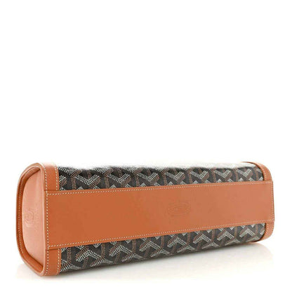 Bonbonnière bag with tan leather side walls and gray patterned coated canvas panel