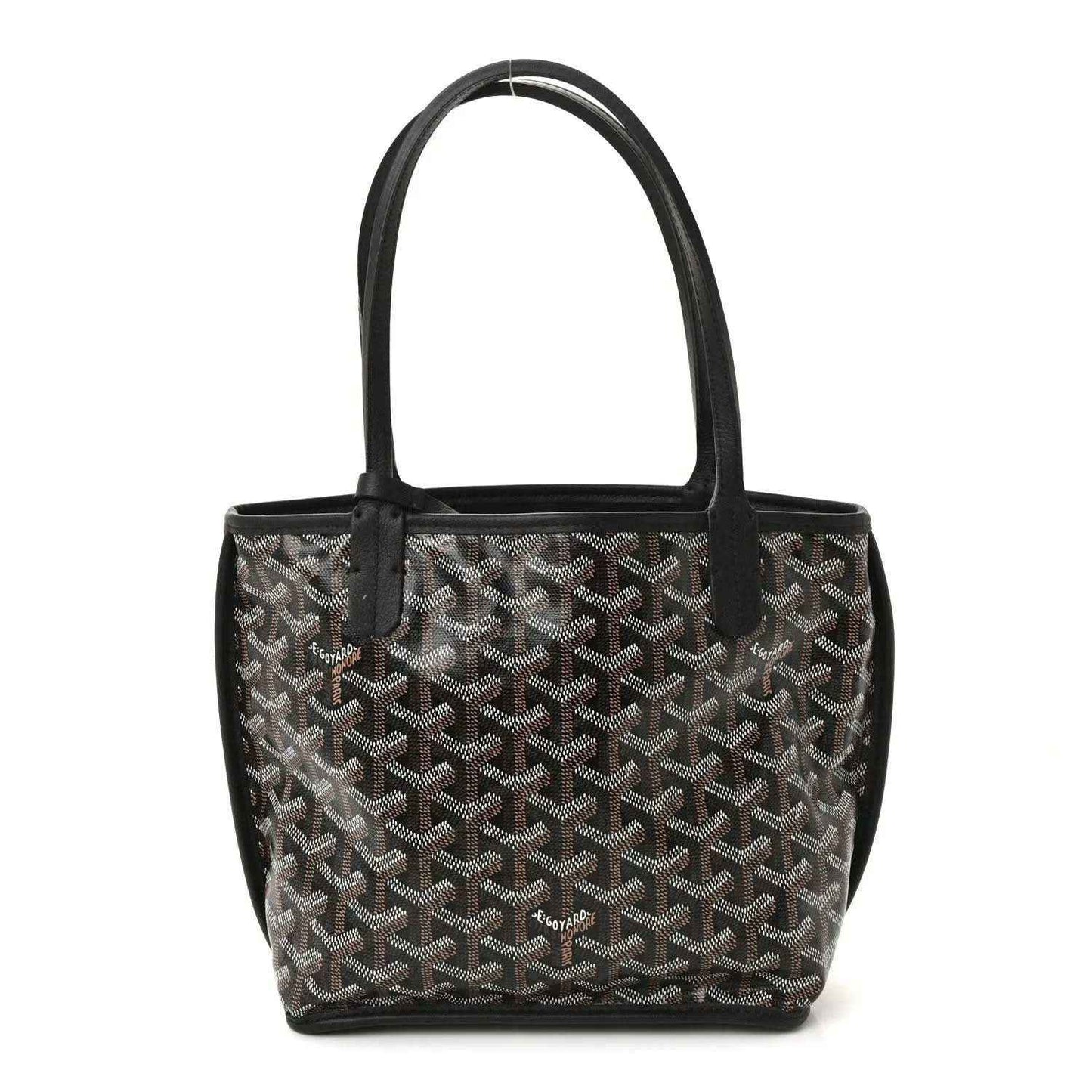 Reversible mini tote bag front view with black-and-gray patterned canvas and black leather trim