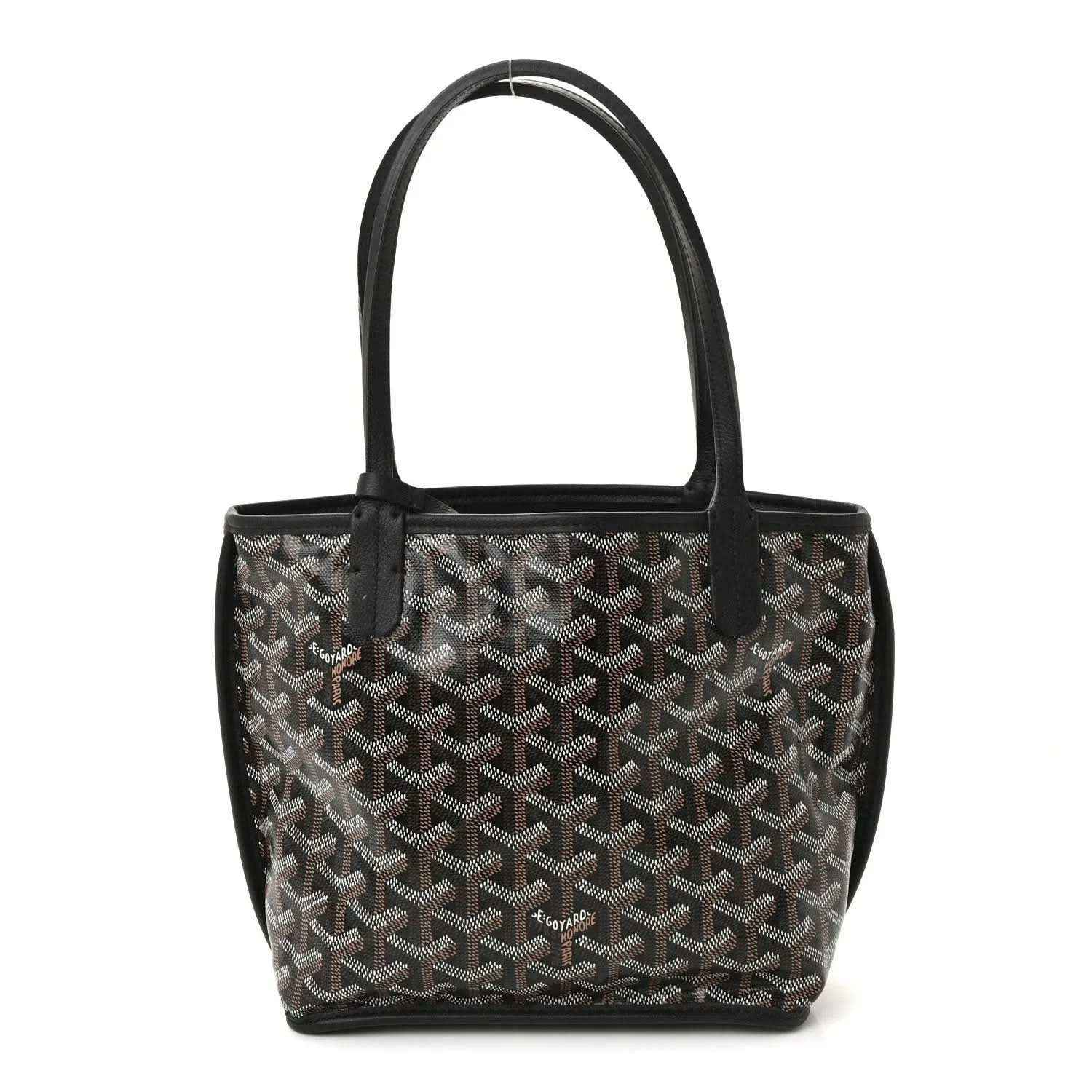 Reversible mini tote bag front view with black-and-gray patterned canvas and black leather trim