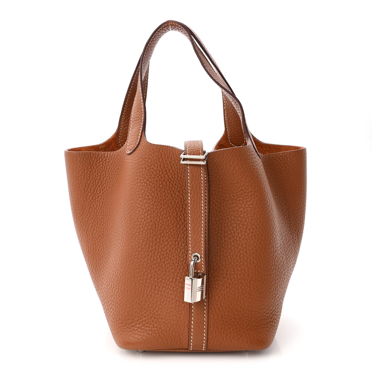 Cognac brown leather tote bag with top handles and gold-tone lock hardware