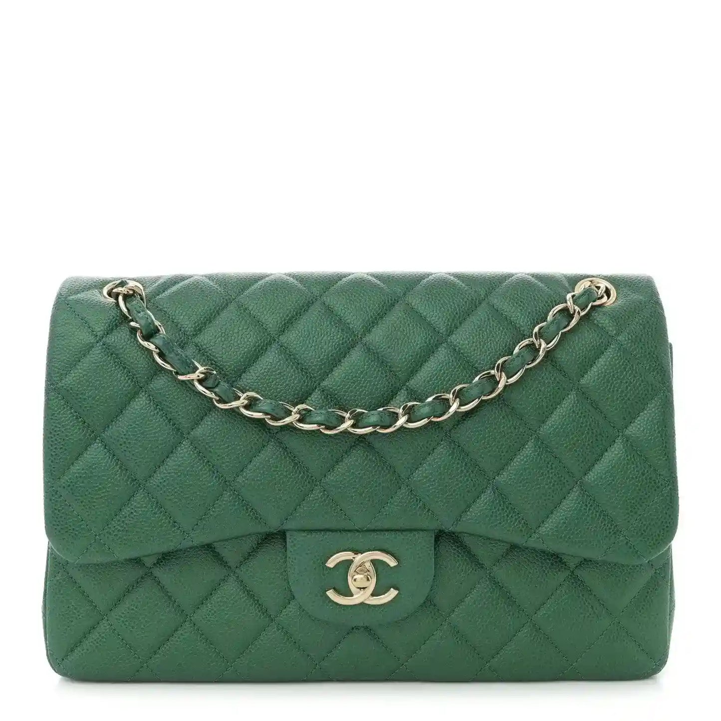 Green quilted leather double flap bag with gold-tone chain strap and CC logo.