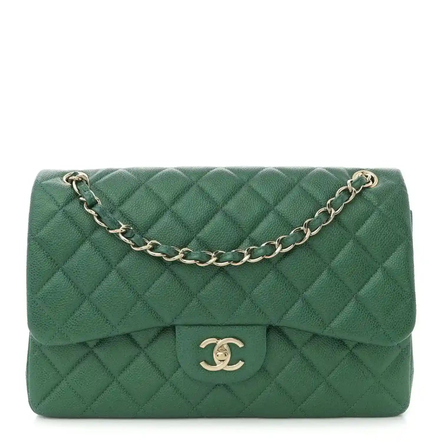 Green quilted leather double flap bag with gold-tone chain strap and CC logo.