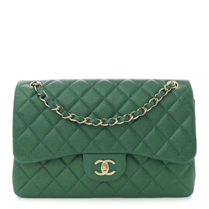 Green quilted leather double flap bag with gold-tone chain strap and CC logo.